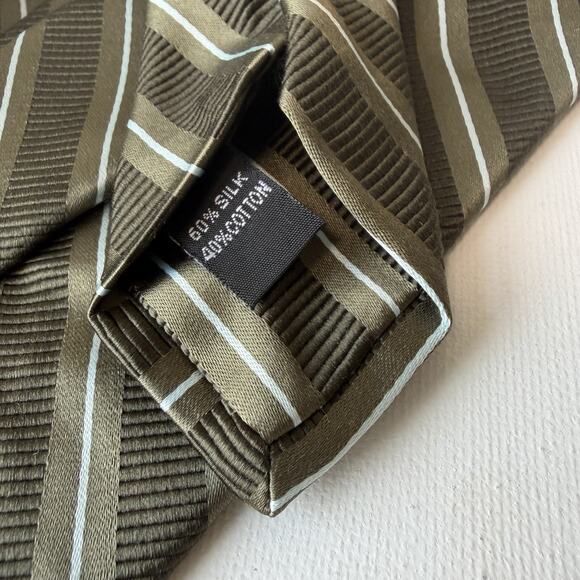 Ike Behar New York Silk Cotton Striped Tie Olive Brown Ribbed Necktie - Picture 4 of 10